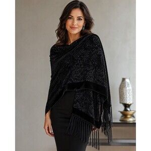 Valerie Stevens Y2K Black Silk Rayon Velvet Burnout Paisley Shawl Scarf Fringe